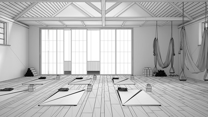 Unfinished project of empty yoga studio interior design, minimal open space with mats, hammocks and accessories, wooden floor and roof, ready for yoga practice, panoramic window