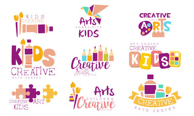 Creative Kids Logo Set, Arts Centre Colorful Labels Vector Illustration