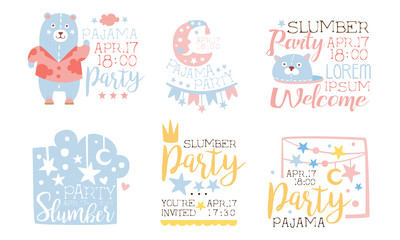 Pajama Party Invitation Card Templates Set, Welcome to Slumber Party Labels Vector Illustration