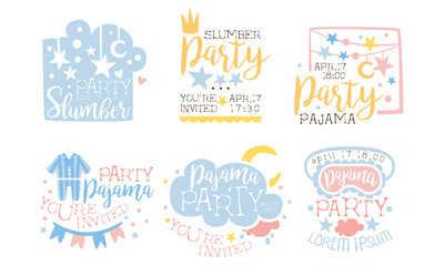 Pajama Party Invitation Card Templates Set, Slumber Party, You Are Invited Vector Illustration
