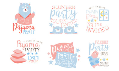 Pajama Party Invitation Card Templates Set, Slumber Party Pink and Blue Labels Vector Illustration