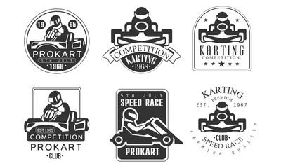 Karting Competition Retro Labels Set, Mechanic Station, Procart Racing Club Monochrome Badges Vector Illustration