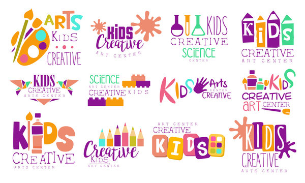 Creative Kids Logo Set, Arts and Science Centre Colorful Labels Vector Illustration