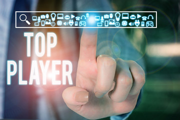 Conceptual hand writing showing Top Player. Concept meaning being best in sports game like football or electronic ones Woman wear work suit presenting presentation smart device