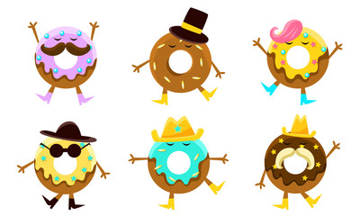 Collection of Donuts Cartoon Characters, Humanized Glazed Doughnuts with Different Funny Faces Vector Illustration