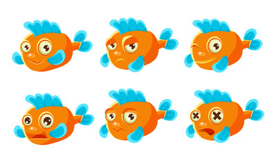Orange Fish with Different Emotions Set, Cute Sea Creature Cartoon Character with Funny Face Vector Illustration