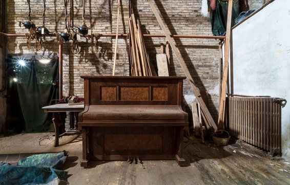 Old Piano In The Backstage Of A Theater