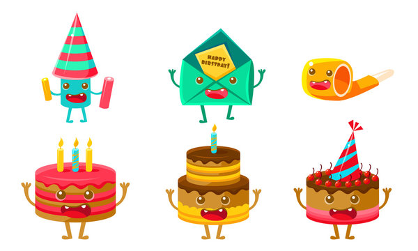 Funny Birthday Party Symbols Cartoon Characters Set, Cracker, Gift Box, Envelope, Cake with Candles, Cute Cartoon Characters with Arms, Legs and Funny Faces Vector Illustration
