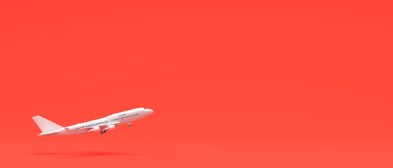 White airplane isolated on coral pink background. 3D illustration.