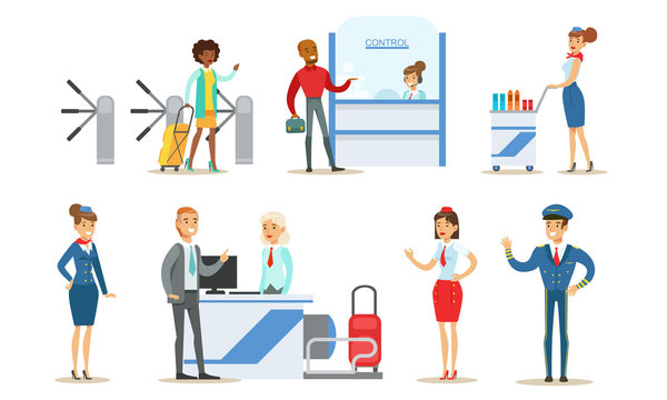 People in Airport Set, Passengers Standing at Registration Desk at Terminal, Aviation Staff Employees Vector Illustration