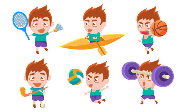 Boy Playing Different Sports Set, Boy Boxing, Playing Hockey, Badminton, Basketball, Volleyball, Lifting Barbell Vector Illustration