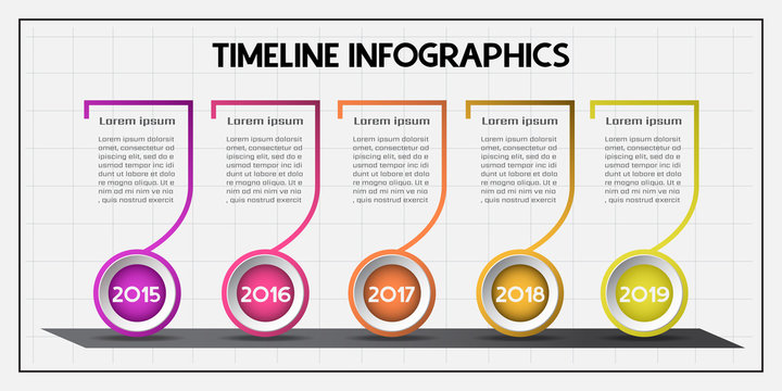 Infographics design for company timeline milestone template with years in series and text box for summary description of event. 