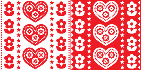 Scandinavian Christmas folk art vector seamless pattern, cute festive Nordic design in red and white