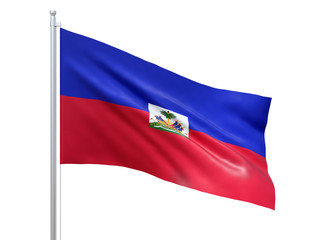 Haiti flag waving on white background, close up, isolated. 3D render