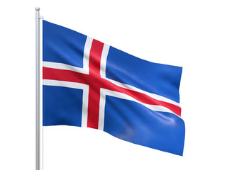 Iceland flag waving on white background, close up, isolated. 3D render
