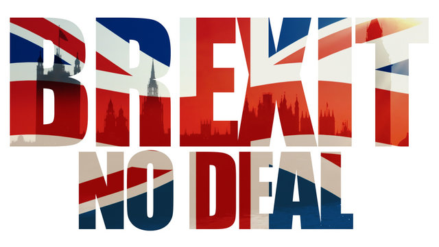 Brexit, No Deal title with union jack flag and houses of parliament.