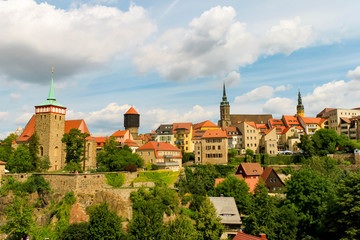 Obraz premium Bautzen , Saxony , Germany – August, 9th 2019: Bautzen old town with fortifications and towers natural landscape view