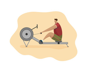 character man rower on rowing machine flat illustration