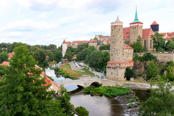 Bautzen , Saxony , Germany – August, 9th 2019: Bautzen old town with fortifications and towers...