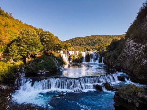 Aerial view of waterfall Strbacki Buk on Bosnia and Herzegovina and Croatia border