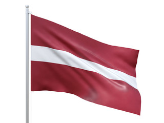 Fototapeta na wymiar Latvia flag waving on white background, close up, isolated. 3D render