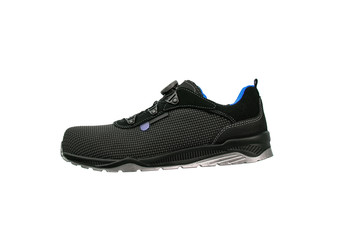 Modern black sneakers with blue accents. Sports shoes isolate on a white background.