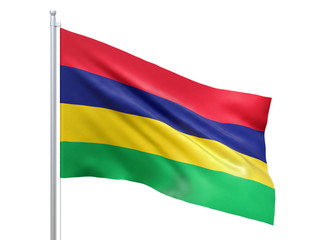 Mauritius flag waving on white background, close up, isolated. 3D render