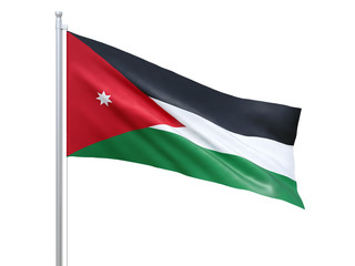 Fototapeta na wymiar Jordan flag waving on white background, close up, isolated. 3D render