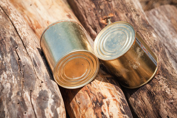 Two cans of canned beef lay on logs