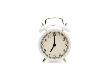 White Alarm clock in retro style isolated on white background with clipping path.