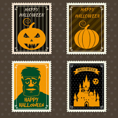 Happy Halloween Set Postage Stamps with black castle, zombie,