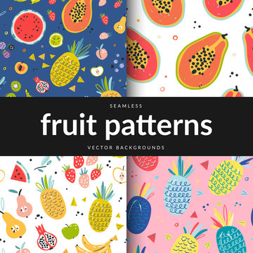 Collection of tropical bright various fruit seamless repeat patterns. Vector background for cafe or menu with hand drawn doodles, good as wallpaper, textile print or wrapping paper.  