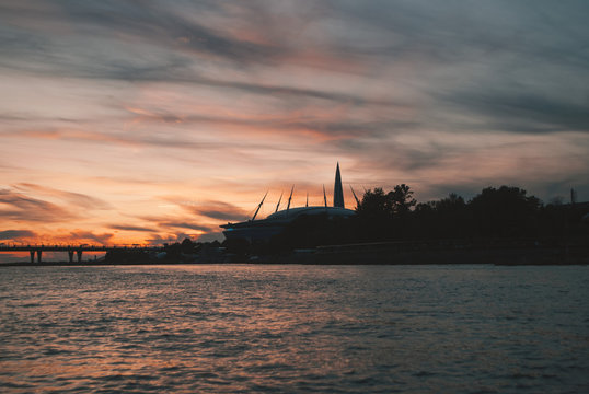 300th anniversary Park in St. Petersburg, beautiful sunset overlooking the Gulf of Finland, sports arena and Lakhta center,