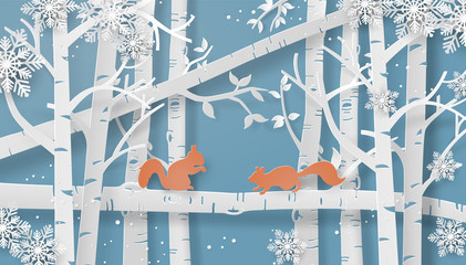 Squirrel  in Snowy Birch Forest Paper Cut Style © kengmerry