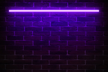 Fototapeta na wymiar Background texture of empty red brick wall with violet neon light lamp, 80s style glow