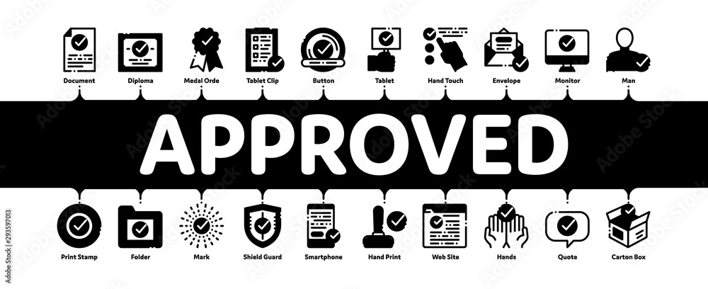 Poster approved minimal infographic web banner vector. approved sings on document file and hands, computer 