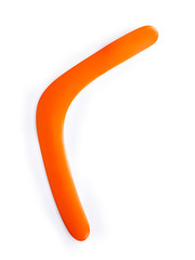 Top view of orange boomerang. Isolated on white background.
