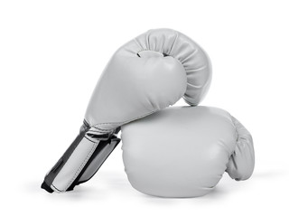 Side and front view of white leather boxing gloves. Isolated on white background.