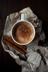Top view of warm cup of cappuccino