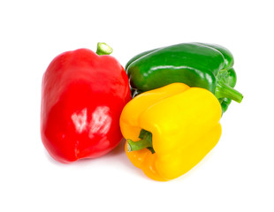 Fresh vegetables Three sweet Red, Yellow, Green Peppers isolated on white background