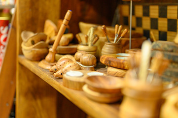 shop with handmade wooden objects made of olive wood