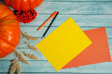 Autumn composition. Two orange pumpkins, two sheets of blank paper, a pen and pencil, Rowan berries and dried cereals on a light blue wooden background.