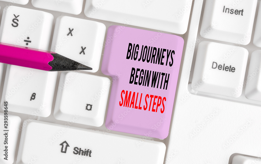 Poster handwriting text writing big journeys begin with small steps. conceptual photo one step at a time to