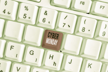 Handwriting text writing Cyber Monday. Conceptual photo Monday after the Thanksgiving holiday Online shopping day White pc keyboard with empty note paper above white background key copy space