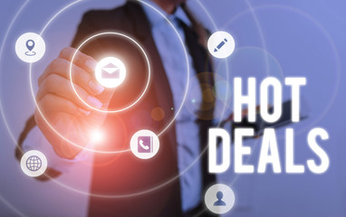 Writing note showing Hot Deals. Business concept for An agreement through which one of the paties is offered and accept