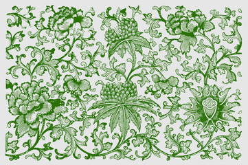 Historical chinese ornamental floral pattern. Dark green colored illustration after a 19th century etching