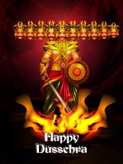 easy to edit vector illustration of Ravana monster with Hindi massage meaning Happy Dussehra background showing festival of India