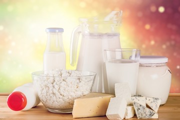 Glass of milk  and Dairy products on  background