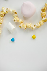 Christmas still life and decoration of popcorn garland for tree. Christmastime, winter Holidays, New Year concept.