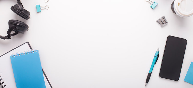 Workplace with empty space for text or advertisement on white